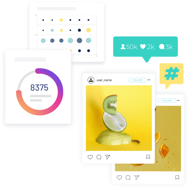 Examples of Instagram posts with various charts and metrics around them.