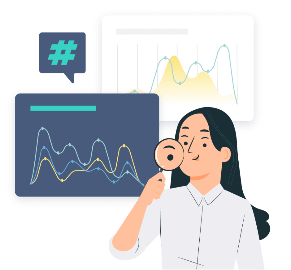 A woman inspecting various graphs and a hashtag.