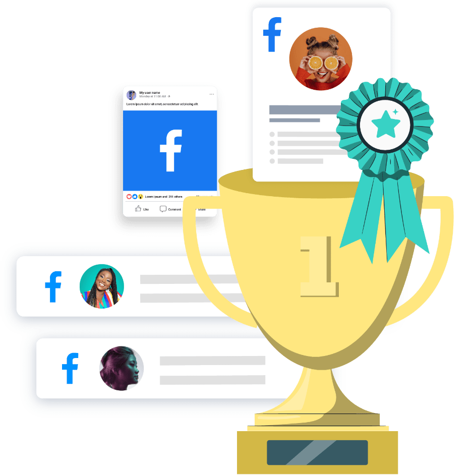 Eine Trophäe, die verschiedene Facebook-Posts um sie herum zeigt